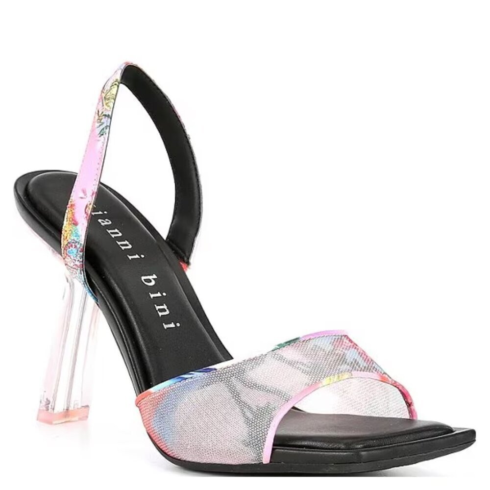 NEW Gianni Bini Torre Printed Mesh Square Toe Curved Heel Slingback Dress Sandal